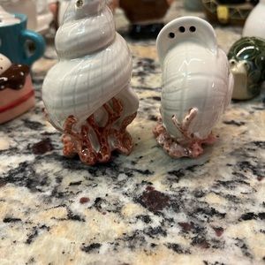 Sea shell, salt, and pepper shakers